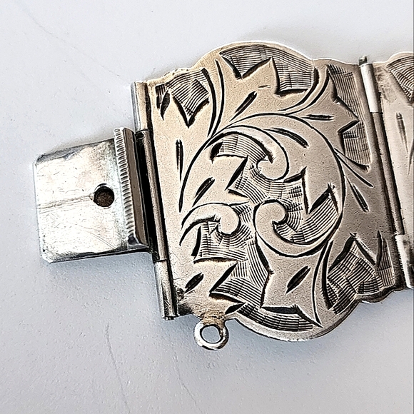 Etched Sterling Silver Vintage Linked Wide Panel Hinged Bracelet Cuff - Picture 7 of 14